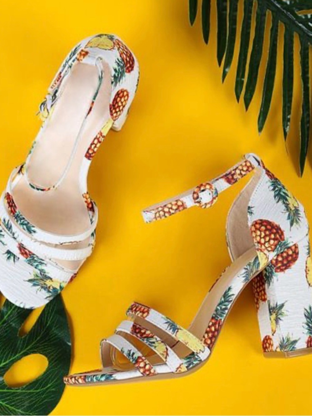 Qupid Pineapple Print Ankle Strap Heels in White and Yellow
